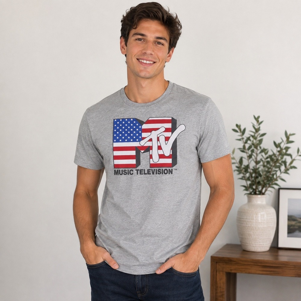 MTV T-Shirt Men Size M Gray American Flag Logo Graphic Music Television